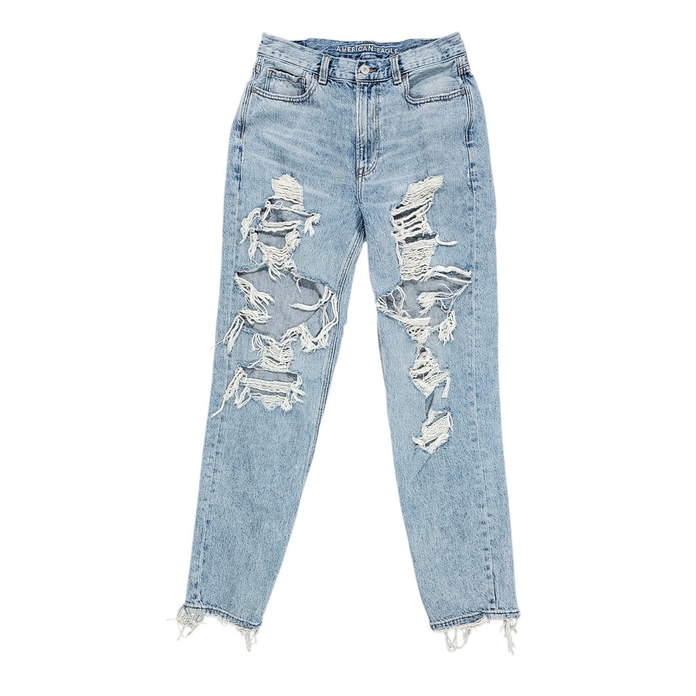 American Eagle Jeans Women 8 X-Long Light Wash Mom Jean Distressed Ripped Cotton